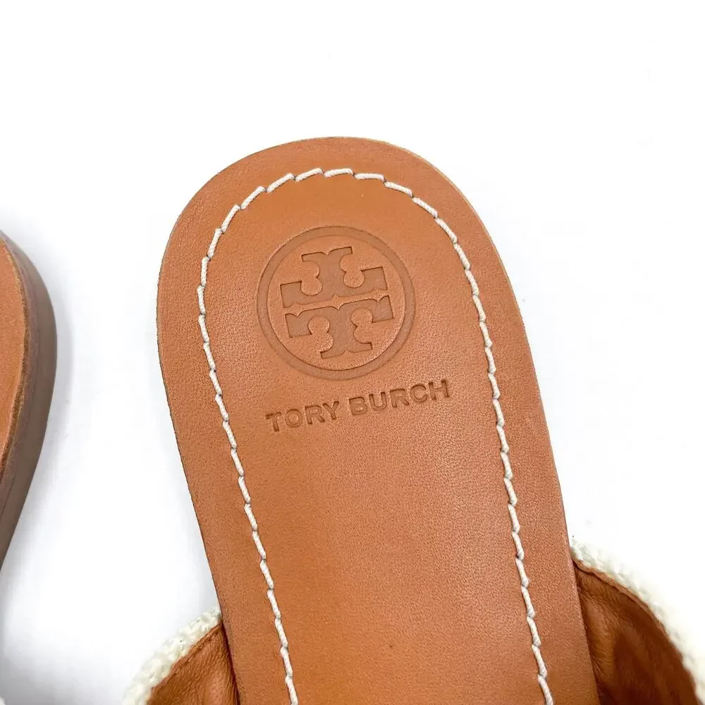 Tory Burch Mini Benton Chain Stripe Sandals Flat Brown Thong Leather Sz 6.5‎